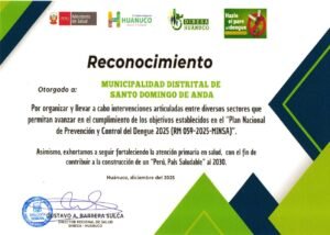 Municipalidad Distrital de Santo Domingo de Anda recibe reconocimiento por coadyuvar en el control del dengue en el distrito